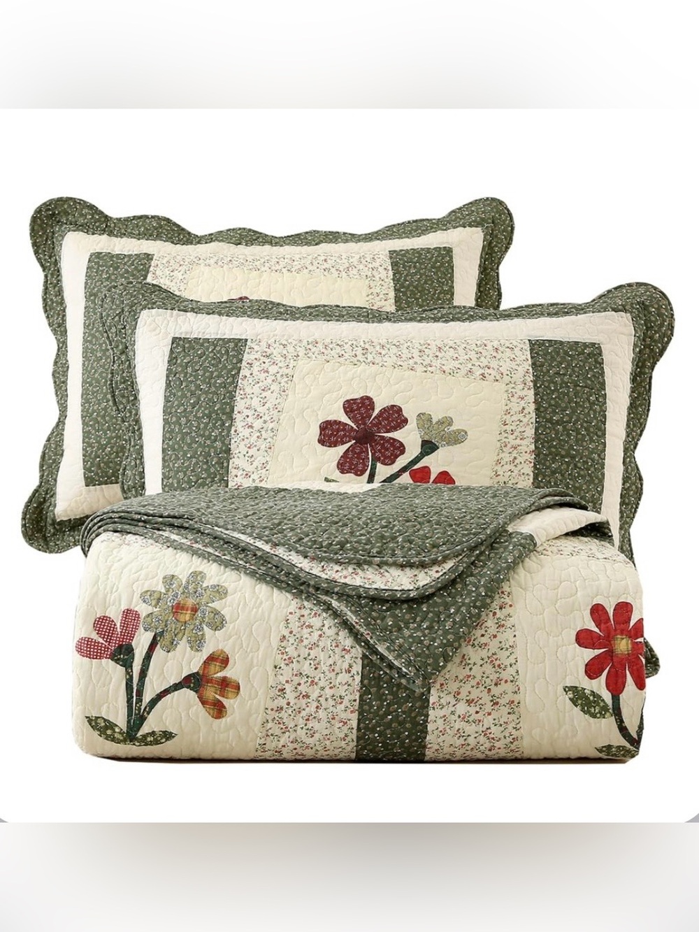 KING SIZE FARMHOUSE FLORAL Quilt Set 3Pc 100% Cotton - GREEN